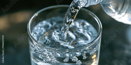 Water is being poured from a plastic bottle into a glass, generating ripples and presenting a refreshing and pleasant sight as it fills the glass.