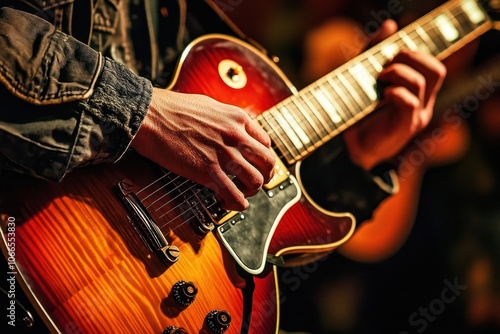 Close-up of a Musician's Hand Playing a Red Electric Guitar