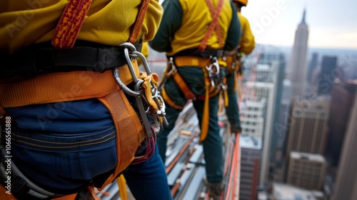 Workers in safety harnesses prepare for a high-altitude task on a skyscraper, with a city skyline in the background.