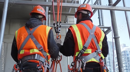 Two construction workers wearing safety harnesses and helmets are preparing for work on a building site, showcasing safety in construction.