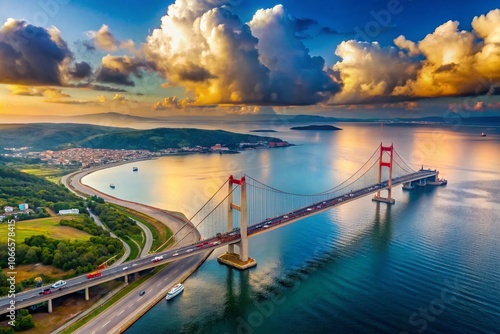 Aerial View of Hellespont with 1915 Canakkale Bridge, Highway, Ships, and White Clouds in Low Light Photography