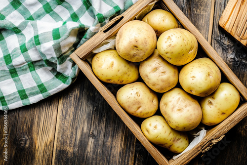 Fresh potatoes resting in wooden crate on rustic table