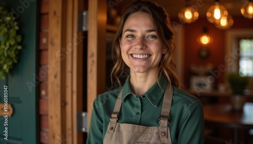 Close-up of an innkeeper welcoming guests at a rustic inn with a warm smile