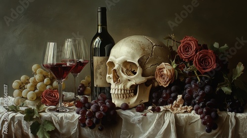 Still life featuring a skull bottles of wine glasses roses and grapes embodying themes of vanitas memento mori and gothic decor for a Halloween inspired setting