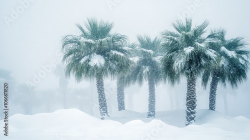 Tropical evergreen palm trees blanketed in white snow amidst a snowdrift during a blizzard highlighting unusual cold weather in typically warm regions Impacts of climate change are evident