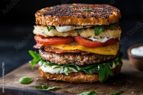 A fresh sandwich on a clean cutting board, ideal for food photography and editorial use