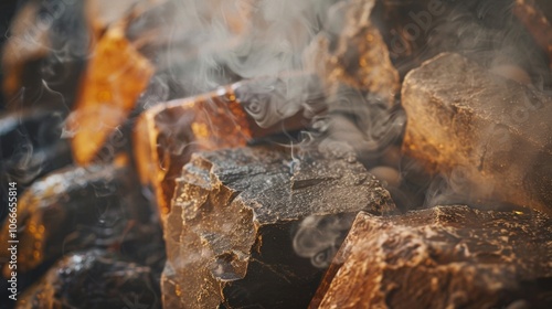 Steam rises from the hot rocks in the sauna creating a warm and humid atmosphere.