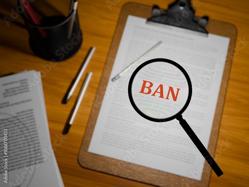 3D rendered "BAN" in bold red text under a magnifying glass on a clipboard paper, 3D rendered on a table.