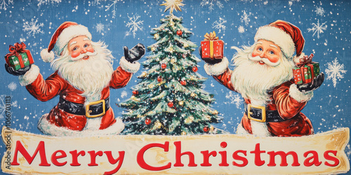 A festive banner featuring two Santa Clauses holding gifts around a sparkling Christmas tree, set on a blue background with "Merry Christmas" in red letters