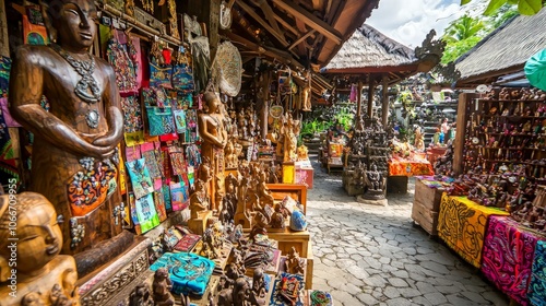 A bustling marketplace in Bali, Indonesia, filled with colorful handcrafted wooden statues and souvenirs.