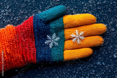 Hand in knitted glove catching snowflakes in winter.