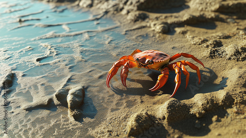 Crab scuttling across sandy beach near water's edge