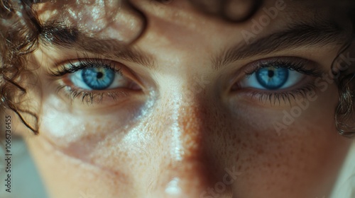 A close-up portrait of a person with striking blue eyes