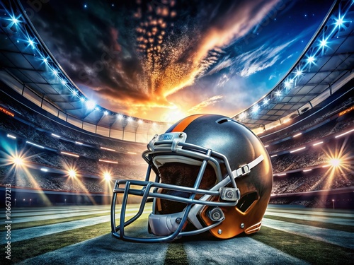 Super Bowl Long Exposure Football Poster with Helmet, Ball, Player, and Stadium Lights for Ultimate Sports Enthusiasts