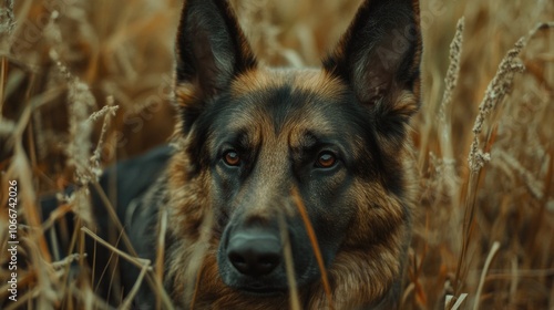 A dog sits peacefully in a field of tall grass, a serene scene