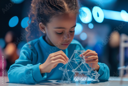 10h A futuristic playground where kids are interacting with augmented reality STEM games, learning about physics and engineering by physically building structures and solving chall