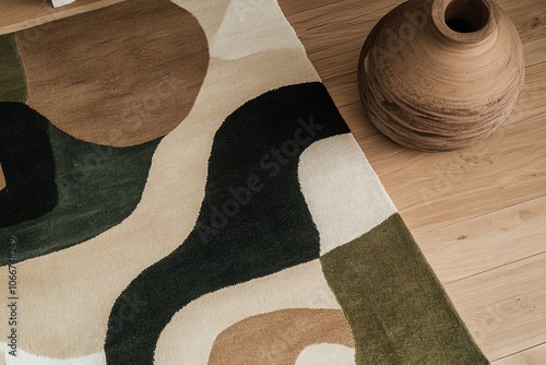 Tapis contemporain aux motifs organiques en tons naturels avec vase céramique.