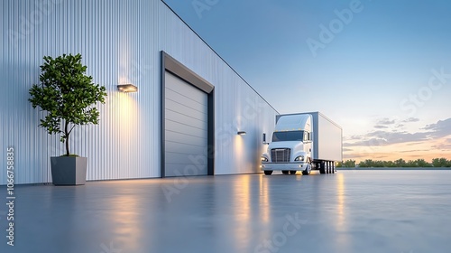 Delivery truck arrives at modern industrial warehouse at sunset for efficient logistics operations