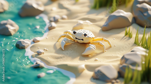 Crab scuttling across sandy beach near water's edge