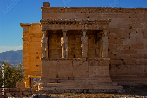 Portico of the Caryatids of the Erechtheum temple. This is ancient Ionic temple on the north side of Acropolis in Athens, Greece