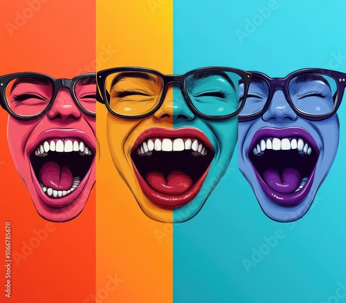 Vibrant pop art graphic with glasses and expressive lips in colorful design