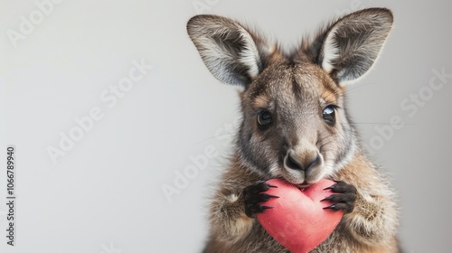 A joey kangaroo holding a pink heart in front of a white background.