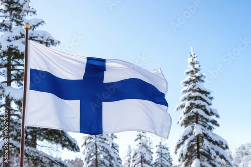 A Finnish flag flutters in the wind, set against a backdrop of snow-covered pine trees under a clear blue sky