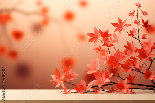 Fondo otoñal de un ramol con flores rojas sobre una mesa de tono beige y fondo desenfocado. Decoración para el hogar