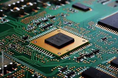 Close-up view of a CPU on a detailed printed circuit board showcasing intricate connections