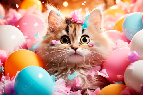 Precioso gato en un fondo de globos de colores y serpentina para una fiesta de cumpleaños. Tarjeta de felicitación para celebraciones.