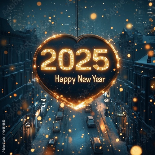 A glowing heart-shaped sign announces Happy New Year 2025 in a snowy urban street adorned with festive lights and celebration atmosphere