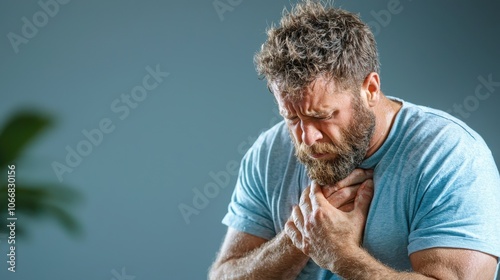 A man with curly hair grips his chest in discomfort, indicating pain or distress, against a muted background.