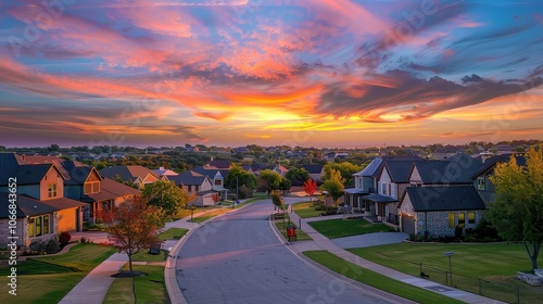 Neighborhood with Luxury Two-Story Homes Lining a Classic Dead-End Street Under a Dramatic Sunset Sky