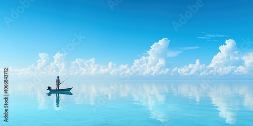 Serene landscape with a lone boatman on calm waters, under an expansive blue sky.