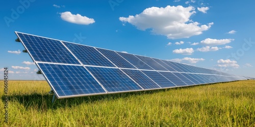 Solar panels in a green field under a clear blue sky with fluffy white clouds.