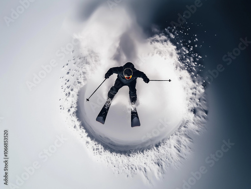 Top view of a freestyle skier performing a trick off a jump