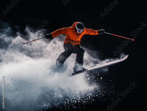 Top view of a freestyle skier performing a trick off a jump