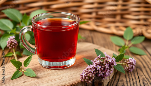 Red clover tea in glass cup on wood on rustic background of wicker, herbal drink is good for menopause, bone, heart health and for skin and hair care, closeup, naturopathy concept isolated with whit