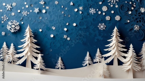 Snowflakes falling on paper cut winter wonderland with pine trees