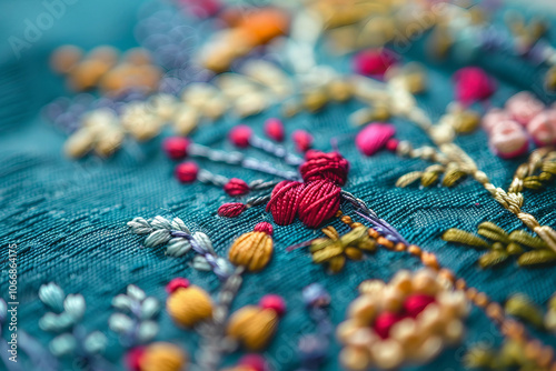 A person is skillfully embroidering a floral design on a soft blue fabric generative AI image