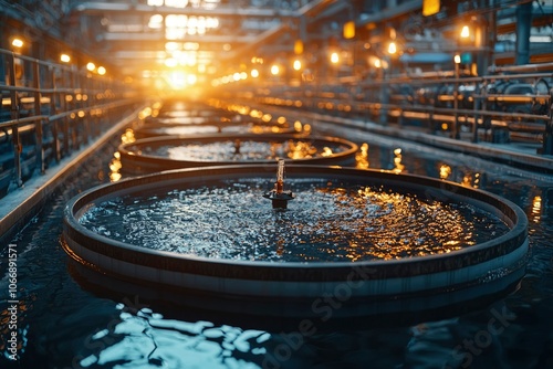 Industrial Water Treatment Facility with Circular Tanks and Water Spouts