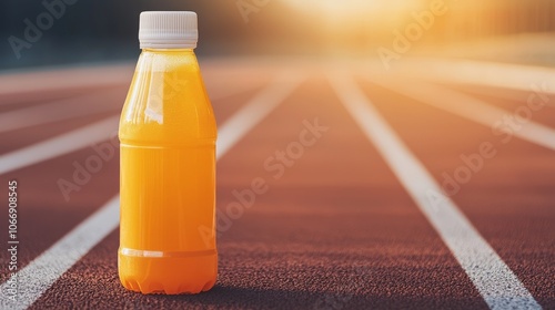 A bright orange sports drink bottle stands on a running track, glistening under sunlight, symbolizing hydration and energy for athletes.