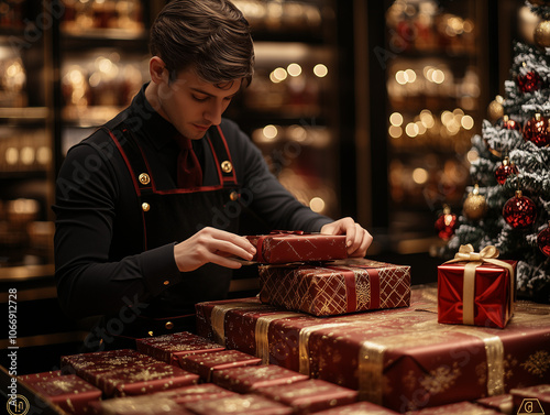 Un employé dans un commerce décore la boutique avec des cadeaux de Noël pour une décoration de fin d'année réussie et chaleureuse