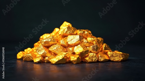 Close-up of a pile of raw, unrefined gold nuggets with a rugged texture, displayed on a dark background, symbolizing wealth and natural resources.