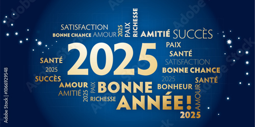 Carte de voeux – bonne année 2025 - bleu et dorée - Nous vous souhaitons Bonne Année 2025 Typographie en or de langue française sur fond bleu