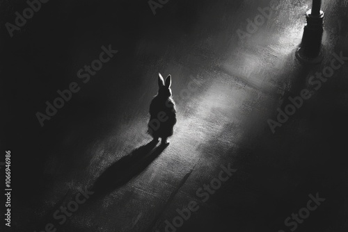 Mysterious rabbit silhouette under streetlight in black and white