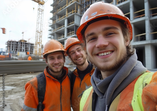 A selfie of three young male construction workers smiling at the camera