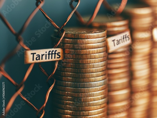 Conceptual image showing stacks of coins behind a metal fence labeled "Tariffs," symbolizing trade restrictions or import taxes.