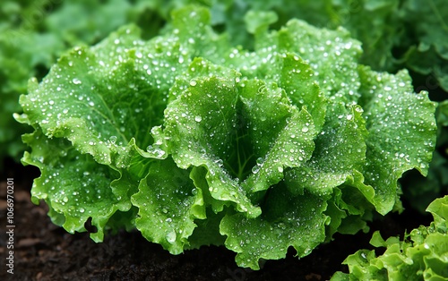 Vibrant green lettuce leaves shining with fresh water droplets, capturing the crispness and vibrancy of healthy, freshly harvested produce