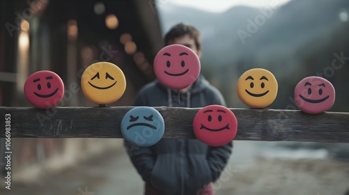 Man Standing Behind Wooden Beam with Emoticons Displaying Different Emotions Outdoors